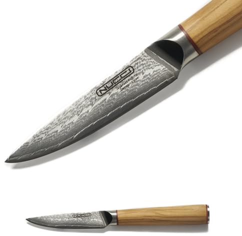 CLASSE ITALY Küchenmesser aus japanischem Damaststahl aus 10 bis 67 Schichten, Schälmesser 8 cm, handgeschärft, Griff aus Olivenholz, Reinigungstuch im Lieferumfang enthalten