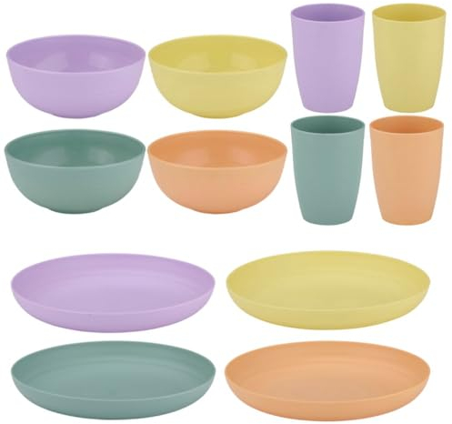 alpina Set di stoviglie da campeggio per 4 persone, in plastica, bicchieri di plastica, piatti e ciotole, 12 pezzi, lavabili in lavastoviglie