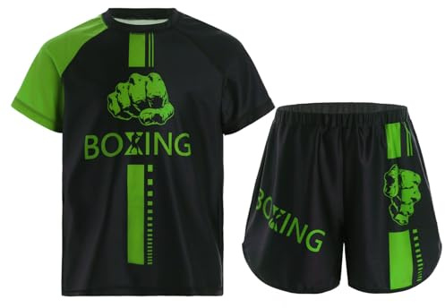 Oyolan Barn pojke boxningsshorts och T-shirt boxningsset Muay Thai MMA kickboxning 5–16 år, Färg: grön, 5-6 �r