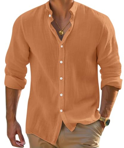 Onsoyours Chemise Lin Homme Manches Longues Chemise Décontractée Coton Business Chemises Hommes Couleur Unie Casual Bouton Shirts Regular Fit