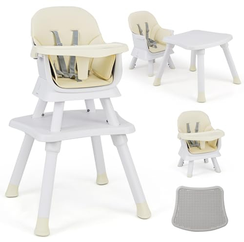 COSTWAY 6 en 1 Chaise Haute Bébé Evolutive avec Plateau Amovible, Chaise d'Alimentation Convertible avec Harnais à 5 Points, Table de Blocs de Construction, Charge 25kg, 6-36 Mois (Beige)