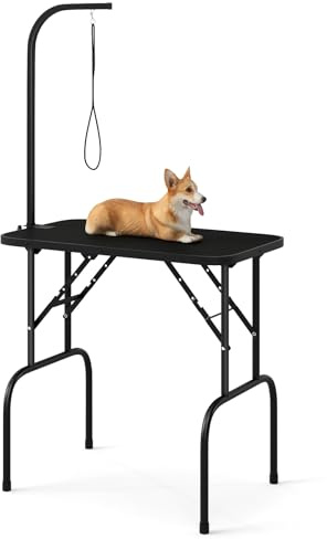 COSTWAY Tavolo Toelettatura e Tosatura per Animali, Accessori Pieghevole per Toilette per Cani con Bracci Regolabili in Altezza,Cappio e Piano Antiscivolo, Portata 100 kg (80,5 x 46 x 146 cm)
