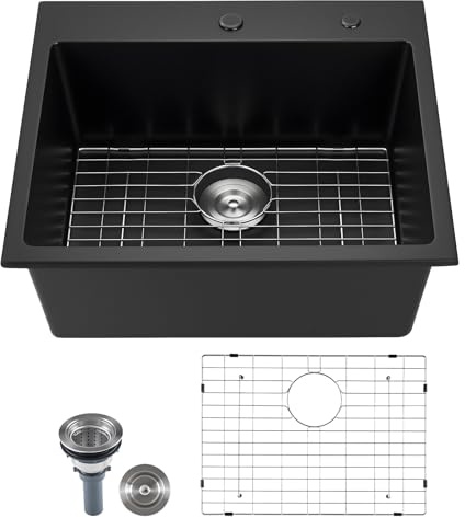 VEVOR 63 cm Kitchen Sink Workstation, Top Mount Granite Sinks, Drop-in Single Bowl Farmhouse Basin with Multiple Accessories, Household Dishwasher Sinks for RV, Prep Kitchen, and Bar (Black)
