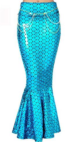 Edhomenn Ensemble de jupe sirène pour femmes avec queue de sirène imprimée à l'échelle avec chaîne de perles Costume d'Halloween Maxi jupe 2 pièces pour cosplay, 03 Bleu, M
