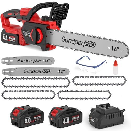 SundpeyPRO Motosierra eléctrica inalámbrica sin escobillas – 12 y 16 pulgadas de placa guía dual motosierra de mano con 2 baterías de 4.0 Ah y 4 cadenas, tensor sin herramientas y freno de cadena para