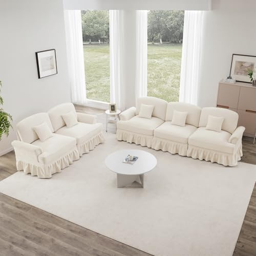 EURHCIO Canapé 3 Places et 2 Places en Chenille,Ensemble Canapé Salon,avec Jupe à Volants Amovible et Accoudoirs évasés,pour Salon,Bureau et Appartement (Beige, 3 Places+2 Places)