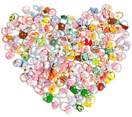 100 Stück Bunte Haargummis für Mädchen – Elastische Kinder Haargummi mit Blumen, Tieren & Früchten, weiche Scrunchies für feines Haar, ideal für Kindergarten & Schule