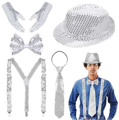 AWAVM 5 accessori per paillettes da uomo, con paillettes con bretelle a paillettes, papillon con paillettes, cravatta, guanti, costume accessori scintillanti per carnevale festa, argento, Taglia Unica
