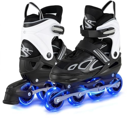 HOMASIS Roller en Ligne, Patins à roulettes avec Roues LED Illuminées, Patins à Glace Réglables avec Protection Antichoc, pour Enfant de 5-14 Ans
