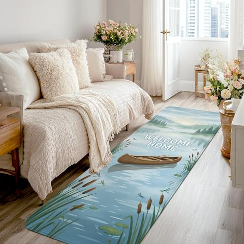 Tappeto runner per barca, con canne d'acqua panoramiche estive, blu, in spugna a pelo basso, per casa, interni, non perde pelo, per cucina, lavanderia, porta, ingresso, 6 x 2,3 m
