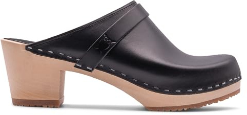 Sandgrens Handmade Swedish Wood Clogs for Women, High Heel Mule US 7 | Dublin Black Veg Tan LT, EU 38