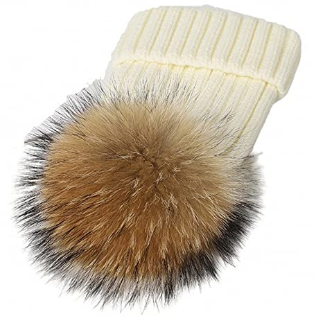 feifanshop - Gorro cálido con pompón de piel auténtica de mapache, gorro de esquí con pompón de piel, pompón de mapache, Blanco, Talla única