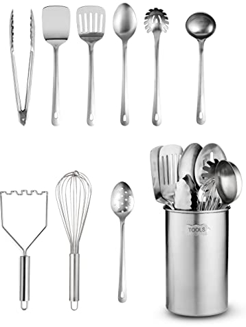 Set di utensili da cucina in acciaio inox – 10 pezzi premium antiaderente e resistente al calore, spatola, cucchiaio per spaghetti, mestolo, tung, schiacciapatate e portautensili