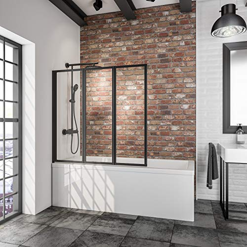 Schulte pare baignoire à coller 127 x 121 cm, noir, 3 volets pivotants (47+40+40), fixation sans perçage, écran réversible rabattable, verre de sécurité 3 mm transparent, joint d'étanchéité