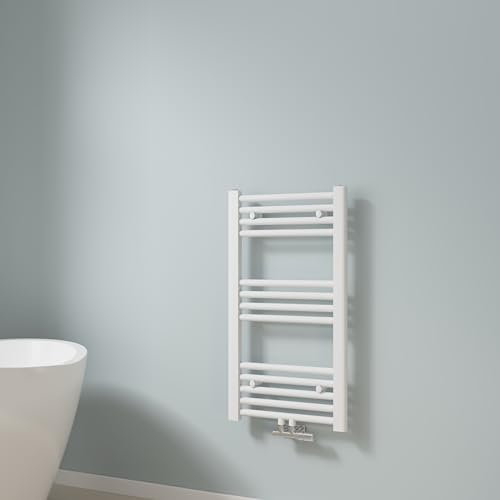 EMKE Radiador de Baño 75 x 40 cm, Toallero de Agua Caliente con Conexión Central, Calienta Toallas de Pared, Blanco, 244W,Toallero Baño,Instalación Sencilla