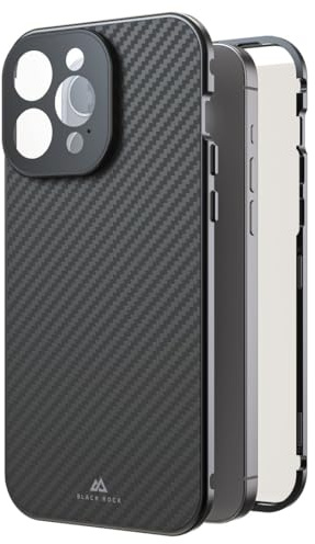 Black Rock Hülle für iPhone 15 Pro Max (Carbon Beschichtung, Kameraschutz, Metallrahmen, 360° Rundumschutz, Wireless Charging kompatibel, ultradünn, slim, Magnet, Cover, Handyhülle, Case) Real Carbon