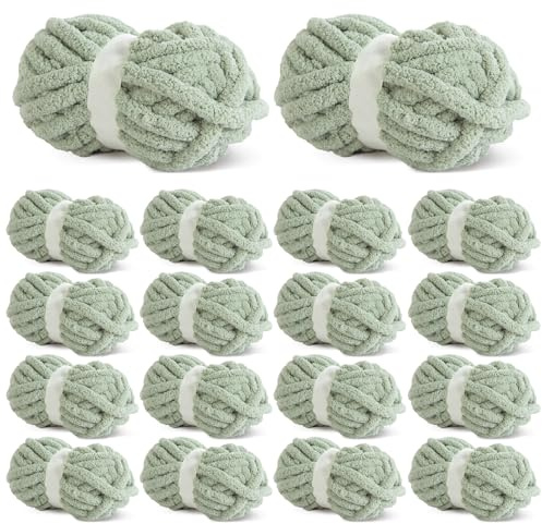 HOMBYS Sage Green Chunky Chenille Yarn for Crochet, Chunky Super Bulky Fluffy Yarn for Knitting for Hand-Knitting, Soft Plush Yarn, 18 Pack Jumbo
