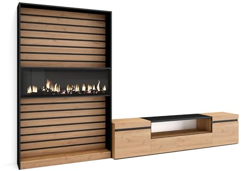 Skraut Home | Ensemble Meuble TV | Meuble Salon Complet | 310x186x35cm | pour Les TV jusqu'à 80 | Cheminée électrique | Style Moderne | Chêne et Noir