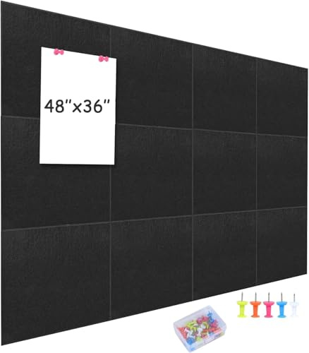 testyu Paquete de 12 Corcho Pared Autoadhesivo, Azulejos de Fieltro Grandes con Chincheta, Tablones de Anuncios de Reducción de Ruido Alternativos para Tablero de Corcho (30x30cm), Negro