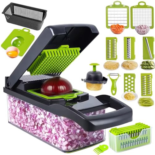 Mandolina 16 en 1 - Cortador de verduras multifunción con cuchillas intercambiables, rallador, cortadora, picadora, picadora y accesorios de seguridad, ideal para frutas, verduras, ensaladas y más