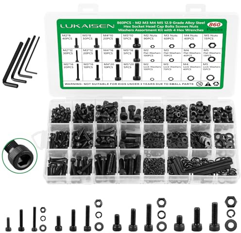 860PCS Metric Screw Assortment Kit, M2 M3 M4 M5 Machine Screws with Lock & Flat Washers, 12.9 Grade Alloy Steel, Metric Hex Socket Head Cap Nuts and Bolts Assortment Kit with 4 Wrenches