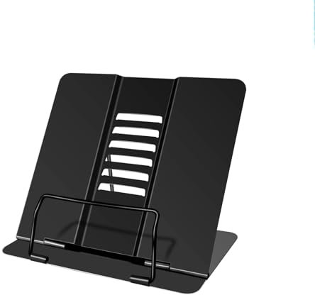 Book Stand,Adjustable Metal Book Holders,Cookbook Reading Rest Holder with 6 Adjustable Angles and Paper Page Clip Portable Reading Rest Book Holder for Cookbook Documents Textbook Sturdy Desk