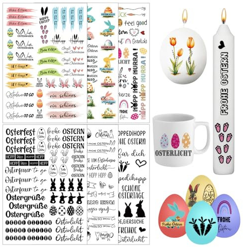 Kerzentattoos Ostern - 6 Stück A5 Wasserschiebefolie mit Osterhasen, Ostereier, Sprüche für DIY Kerzen Dekorieren - Frohe Ostern Dekoration