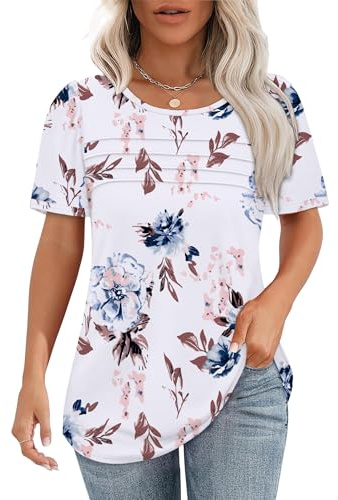 Chicrise Blusas Mujer Verano Manga Corta Plisado Elegantes Camiseta Mangas Abullonadas Holgada Cómodo Top Blanco Flores Grande 42-44