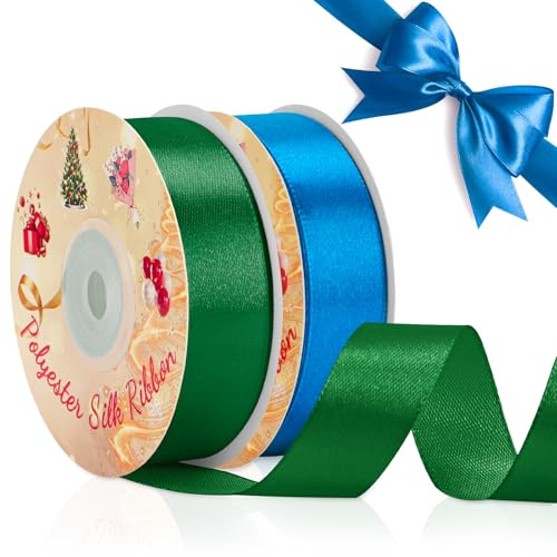 VynyQoo 2 Rollen 20mm Satinband Breite, Blau und Grün Geschenkband, 22M Einseitig Satin Band, Satinbänder für Bänder zum Basteln, Geschenkdeko, Hochzeits- und Geburtstagsgeschenke