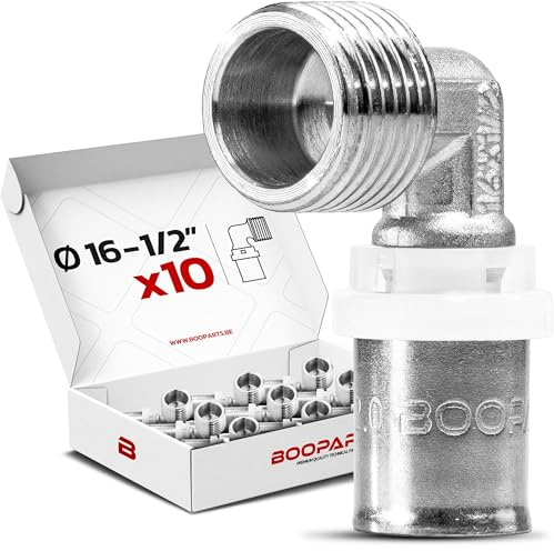 BOOPARTS – 10 st – Pressvinkel 90° med utvändig gänga Ø16 mm – 1/2 (12–17 mm) | Multilager vinkelkoppling TH-profil | Professionellt VVS-set i mässing