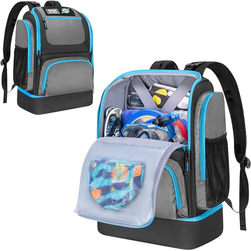 GOBUROS Swim Bag for Swimmers with Shoe Compartment, Swim Backpack for Men and Women, Swimming Bag with Multiple Pockets for Swim Gear Organization, Gray