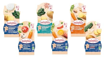 BABYBIO - 12 petits plats pour bébé - Repas midi et soir - Dès 8 Mois - 6 recettes - BIO - 12 x 200g