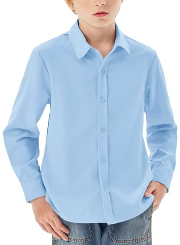 Haloumoning - Camisa de manga larga para niños, con botones, ajuste regular, casual, para ocio, fiesta, escolar, de un solo color, fácil de planchar, uniforme escolar formal, parte de arriba, azul