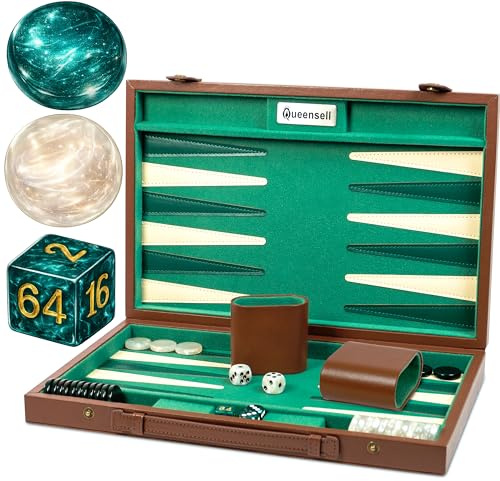 Backgammonset för vuxna, 15 tum – premium fuskmocka läder backgammonset med 32 chips, tärningskoppar och dubbla kub – bärbart set med resespel