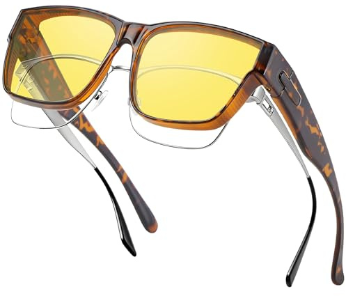 Nlieanuc Polarised Night Driving Over Glasses - Anti Glare Wrap Around Fit Over Night Vision Goggles for Men Women Yellow Over Glasses Sunglasses (Leopard Brown Yellow)