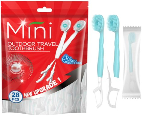 KUGUAN 28-pack miniborstar-engångs tandborstar med tandkräm+tungskrapa + tandpetare individuellt inslagna förrepasterad tandborste Softex borst resetandborste (mint)