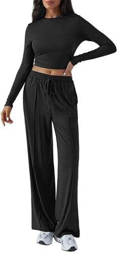 Sukiglam Tuta da Ginnastica Donna Manica Lunga Casual 2 Pezzi Completi Sportiva Classico Girocollo Top Corto e Pantaloni a Gamba Larga con Tasche Lounge Set Elegante Tute per Jogging Y2K Streetwear
