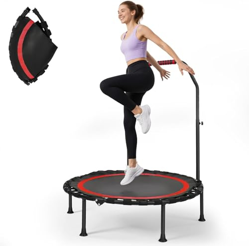 Fitness Trampolines, rebounder trampoline with handle, 5 Adjustable Height Levels, Thickened Steel Frame, 150kg (330lbs), Low Noise, Space-Saving Design (Red)