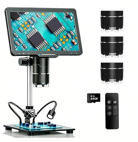 hzexun Microscopio Digital De 3 Lentes, 10.1 Pulgadas, 2500X, 2K, HDMI; Microscopio Y Lupa para Monedas Y Soldadura con Pantalla IPS (para Adultos); 12 Luces LED, Compatible con PC/TV, 64GB