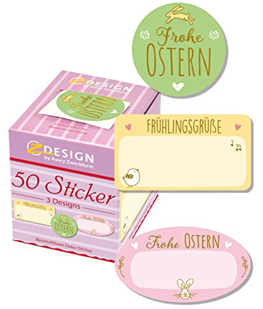 AVERY Zweckform Aufkleber Ostern 50 Stück Art. 56857 (Etiketten Frohe Ostern, Papiersticker mit Silberprägung 38 mm/58x38mm im Spender, Ostergrüße, Osterdeko, Ostergeschenke) Sticker auf Rolle