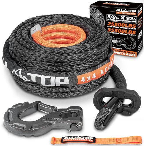 ALL-TOP Synthetic Winch Rope w/Hook & Isolator, 3/8in x 92ft, 25500Lbs UHMWPE Cable Replace Kit, Forged Hook & Rubber Stopper & Safety Pull Strap