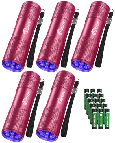 Sunloy UV Flashlight Black Light, 5 Pack 9 LED 395nm Ultraviolet Blacklight Flashlight, Mini Portable Torch Light Pet Urine Detector for Dog/Cat Urine, Dry Stains, Bed Bug(15x AAA Batteries(Pink))