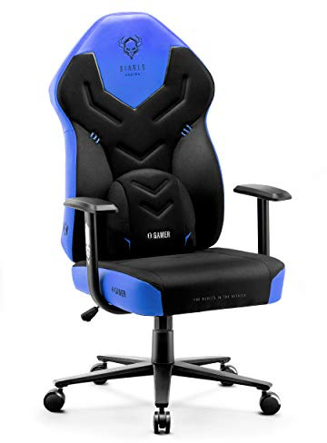 Diablo X-Gamer 2.0 Chaise Gaming Fauteuil de Gamer de Bureau Couverture en Tissu Design Ergonomique Coussin Lombaire Accoudoirs Confortables (Noir-Bleu)
