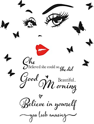 Pegatinas Decorativas de Pared de Cara Bonita Pegatina de Pared de Salón de Belleza con Mariposa 3D, Ojos y Labios Rojos, She Believed She Could, So She Did Pegatina de Cita Inspiradora