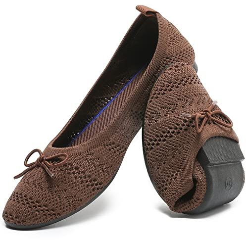 HEAWISH Women's Crochet Lace Mesh Ballet Flats with Bowknot, Tan, 9
