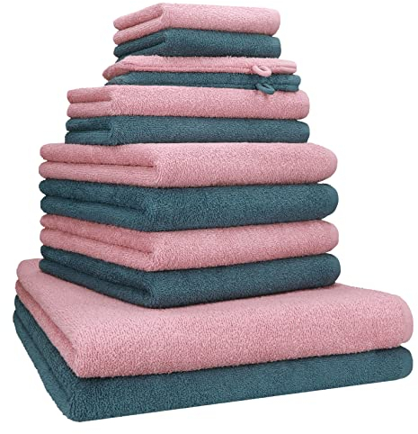 Betz 12 TLG. Handtuch Set Berlin 100% Baumwolle 2 Liegetücher 4 Handtücher 2 Gästetücher 2 Seiflappen 2 Waschhandschuhe Farbe Lotus - taubenblau