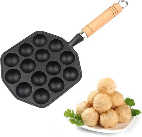 AYNEFY Takoyaki-Grillpfanne aus Gusseisen mit Antihaftbeschichtung, 14 Mulden, Abnehmbarer Griff – für Takoyaki-Bällchen, Oktopus-Pfannkuchen und japanische Snacks