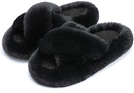 Chantomoo Pantofole da Donna in Memory Foam, per Camera da Letto, in Peluche, Comode, Foderate in Finta Pelliccia, Suola Antiscivolo, Pantofole Regalo alla Moda Croce,Nero 38/39 EU