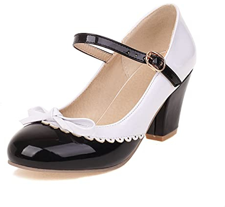 GooMaShoes Women's Patent Leather Ankle Strap Vintage Heels with Bow, Cute Round Toe Block Chunky Vintage Shoes, Patchwork Retro Buckle Mary Jane Pumps (UK 7, Black)
