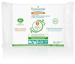 Puressentiel - Assainissant - Lingettes désinfectantes Mains & Surfaces – A l’Aloe Véra et Aux 3 Huiles Essentielles – 100% compostables, 100% fibres naturelles – Sans Javel - Alcool Végétal - x32